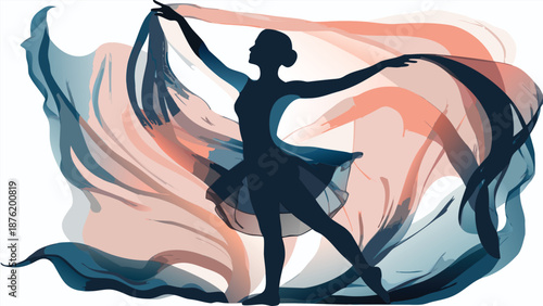 Elegant ballerina dancing with flowing fabric in dynamic pose