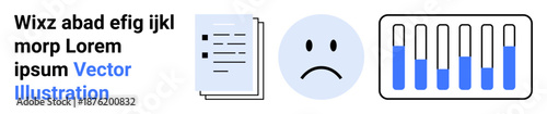Stack of papers, sad face emoticon, and bar chart. Ideal for performance analytics, progress tracking, productivity monitoring, report generation, decision-making, business planning simple landing