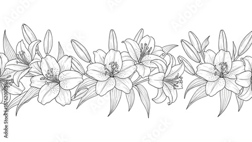 A beautiful seamless floral border of hand-drawn lily flowers and buds in a black and white vintage engraving or sketch style for decoration.