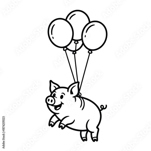 a smiling pig flying with balloons high quality