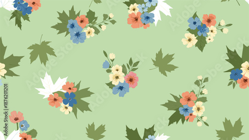 A charming and gentle seamless pattern with small floral bouquets and maple leaves scattered across a soft, pastel light green background.