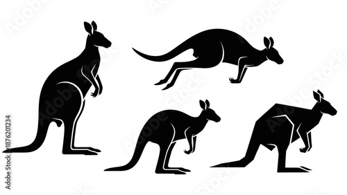 Set of four kangaroo silhouettes in different styles, clean vector illustrations.