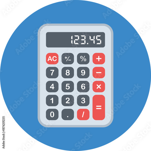 Flat design calculator illustration with blue circular background, numeric keypad, and display showing financial calculation for everyday use.