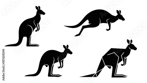Set of four kangaroo silhouettes in different styles, clean vector illustrations.