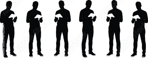 Business man silhouettes set using smartphone, standing male figures texting, modern communication concept, black human vector illustration