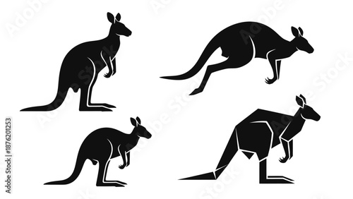 Set of four kangaroo silhouettes in different styles, clean vector illustrations.