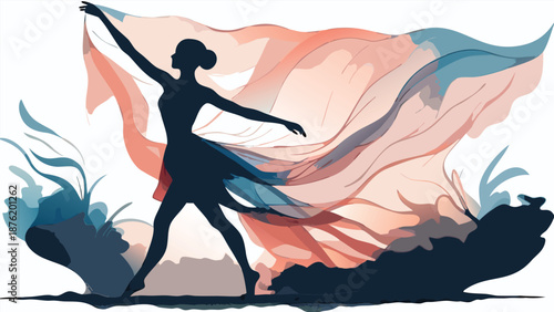 Elegant dancer in motion with flowing fabric