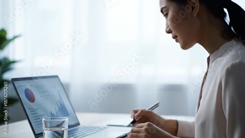 Wallpaper Mural Focused Businesswoman Analyzing Financial Data And Charts On Laptop In Modern Office Torontodigital.ca