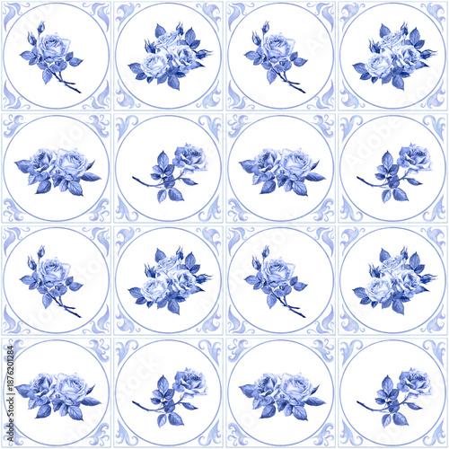 Set of sixteen blue and white watercolor ceramic-style tiles with rose bouquets and rosebuds in round frames and ornamental corners, repeating tile panel on white background for wallpaper, textiles