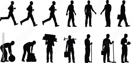 Construction worker silhouettes set showing walking, running, lifting, carrying tools, industrial labor actions, black human figures vector illustration