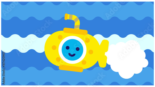海を進む黄色い潜水艦のかわいいキャラクターイラスト
