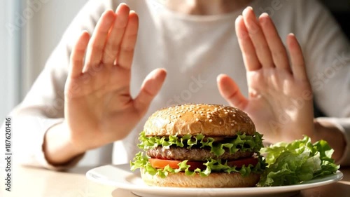 Wallpaper Mural Woman Refusing Unhealthy Fast Food Burger While Choosing Healthy Eating Lifestyle Torontodigital.ca