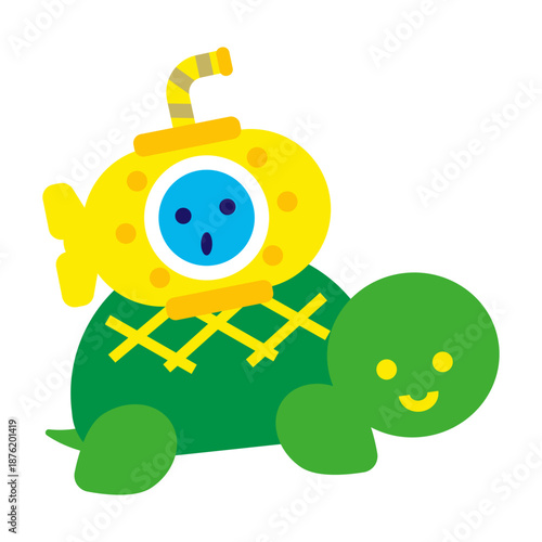 カメの上に乗った潜水艦のかわいいファンタジーキャラクターイラスト