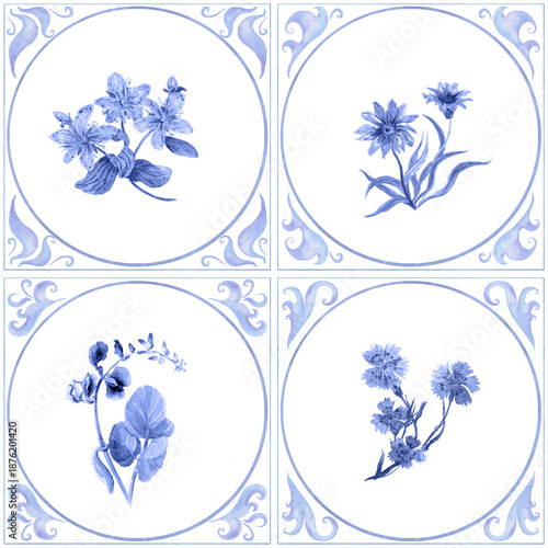 Set of four blue and white watercolor floral tiles with round frames and ornamental corners. Classic Delftware-inspired ceramic panel design for wall decor, kitchen and bathroom surfaces, stationery a