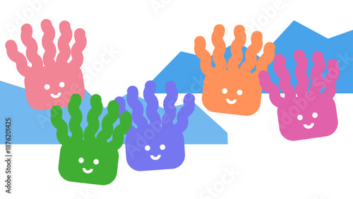 カラフルなイソギンチャクのかわいいキャラクターが並んだイラスト