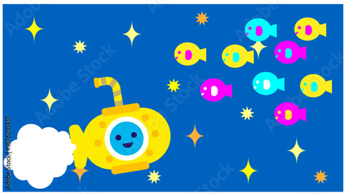 夜の海を進む潜水艦とカラフルな魚たちのかわいいファンタジーイラスト