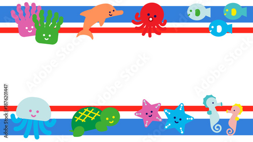 海の生き物が並んだかわいい横長フレームイラスト