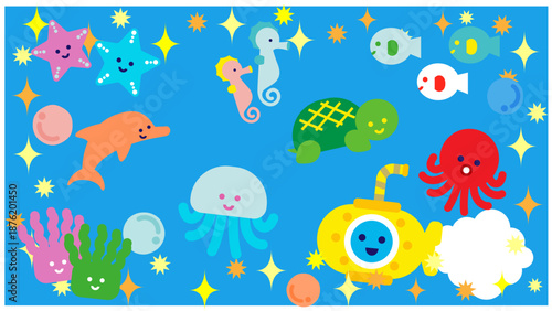 カラフルな海の生き物が集まったかわいいファンタジーイラスト