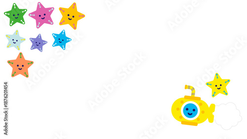 星と潜水艦が飾るかわいい横長フレームイラスト