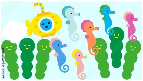 タツノオトシゴと海藻に囲まれた潜水艦のかわいい海イラスト