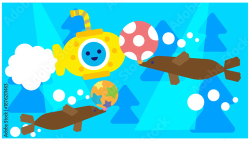 ボールと魚と潜水艦のかわいい海のファンタジーイラスト