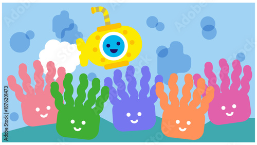 イソギンチャクの上を進む潜水艦のかわいい海のイラスト