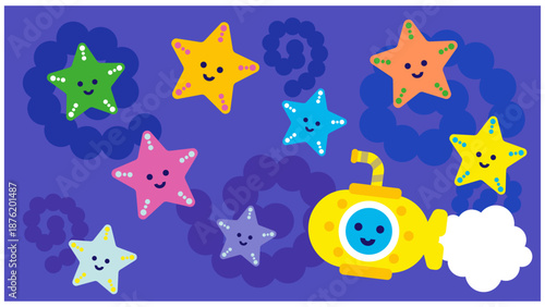 カラフルな星と潜水艦のかわいいファンタジーイラスト