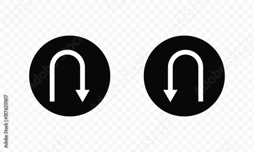 Black return arrow icon, simple go back sign vector u turn shape pointer flat design pictogram vector elements for app ads web banner button UI, UX interface elements. U turn arrow sign vector art. 