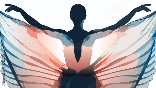 Woman in elegant dance pose with colorful flowing fabric