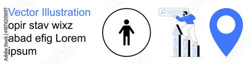 Marketing strategies, user engagement, business growth, online navigation, data analysis, location services. Charts and a man searching online above graphs. Marketing strategies and user engagement