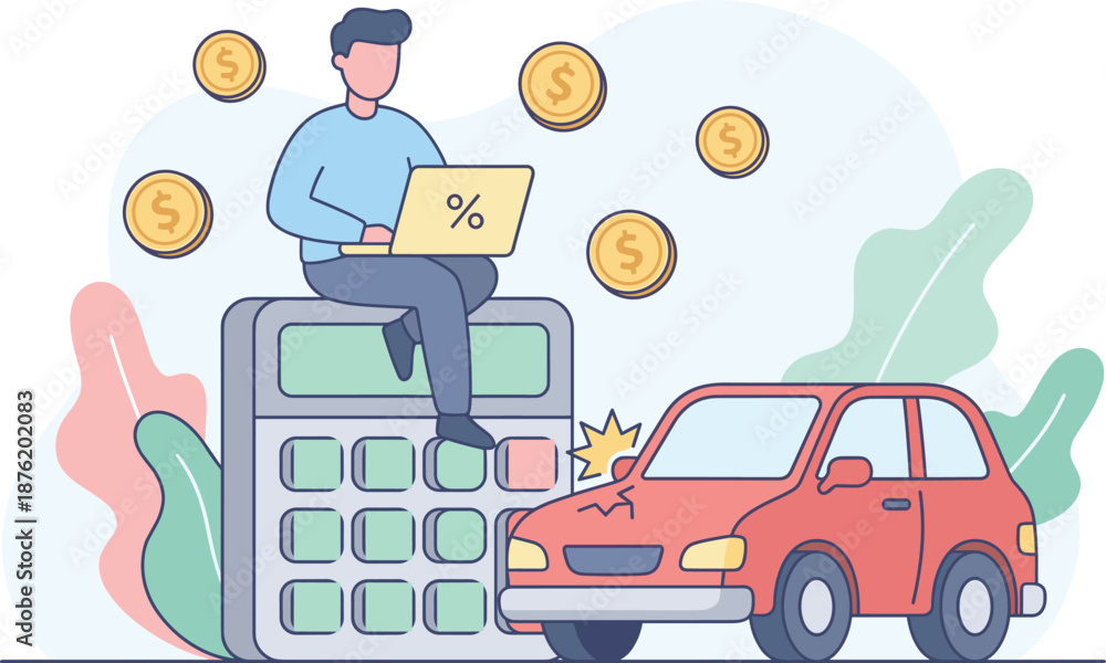 Αυτοκόλλητο Car accident financial illustration with calculator, damaged vehicle, coins, and person calculating insurance or repair costs