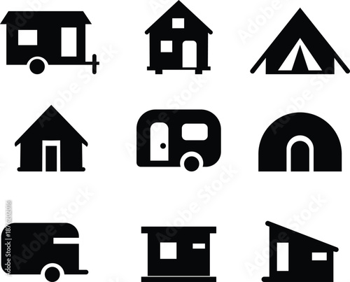 Cabin shelter house icon set showing a small wooden cabin for shelter and outdoor living. Ideal for travel, minimalist camping, rural housing, maps urban camper compact vector refuge, apps, web design
