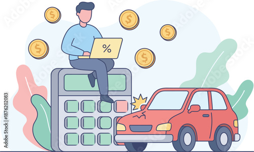 Car accident financial illustration with calculator, damaged vehicle, coins, and person calculating insurance or repair costs.