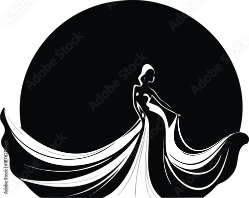 Elegant woman in flowing evening gown with dramatic train