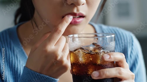 Wallpaper Mural Woman Touching Lips While Drinking Sugary Soda And Craving Sweet Beverage Torontodigital.ca