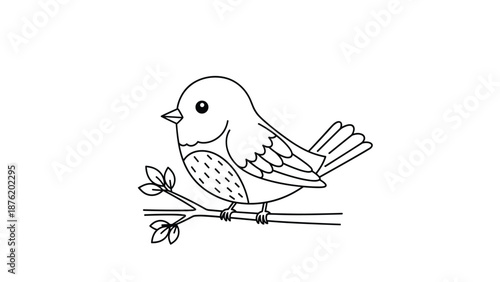 A cute and simple black and white line drawing of a small bird perched on a leafy branch, perfect for a children's coloring book page.