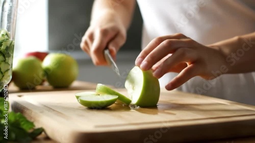 Wallpaper Mural Cutting Fresh Green Apple On Wooden Board For Healthy Food Preparation Torontodigital.ca