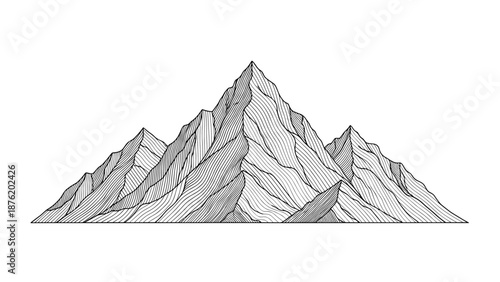 A majestic mountain range with sharp peaks, drawn in a detailed black and white vintage engraving or woodcut style, isolated on a white background.