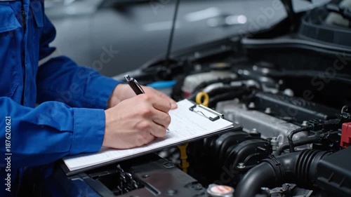 Wallpaper Mural Auto Mechanic Inspecting Car Engine And Writing Maintenance Checklist Torontodigital.ca