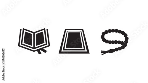 Islamic Prayer Accessories in Simple Flat Design with Black Silhouette on White Background for Religious Illustration