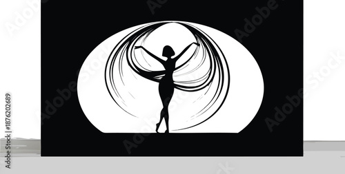 Elegant dancer silhouette performing on stage with dynamic flowing fabric