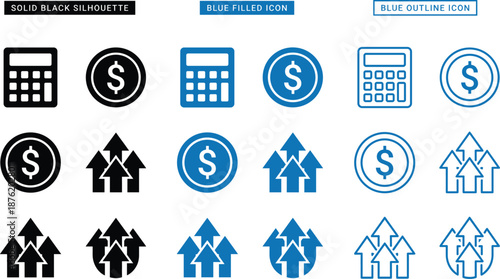 Financial icon set in black and blue styles featuring calculator, dollar coin, and growth arrows for business applications.
