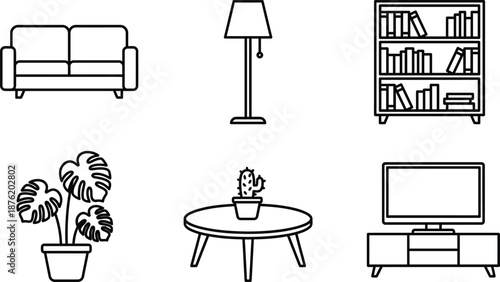 Set of six line art icons representing modern living room furniture and decor elements sofa, floor lamp, bookshelf, potted monstera plant, coffee table with cactus, and television on a stand