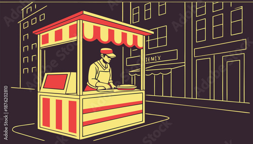 Street vendor food cart city street night scene line art flat design yellow red street vendor food cart city street night