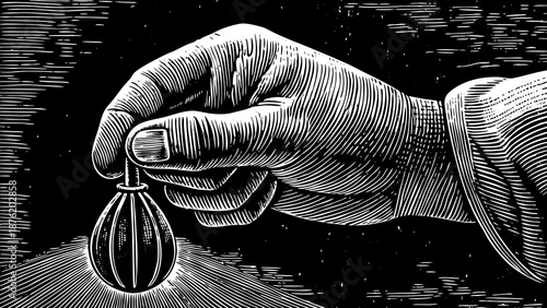 Hand engraving illustration vintage, human finger grip, retro-style linework, dramatic shading detail
