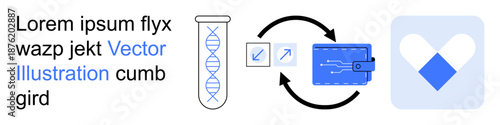 Biotechnology, genetics research, blockchain technology, secure data transfer, DNA storage, innovation. Visual elements include a DNA symbol, linked data exchange, and a digital wallet icon