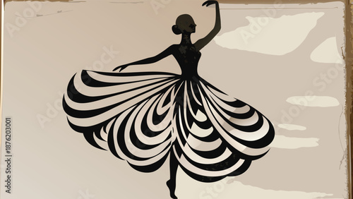Elegant ballerina in dynamic pose with striped skirt