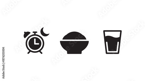 Intermittent Fasting Icons in Simple Flat Design with Monochromatic Color Scheme on White Background for Health and Wellness