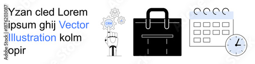 Project management, scheduling, corporate planning, workflow, organization, time management. Gear with CRM, briefcase calendar and clock icons. Project management and scheduling concepts