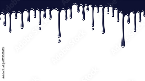 A glossy, dark liquid, like ink, oil, or chocolate, dripping down from the top of the frame, isolated on a clean white background.